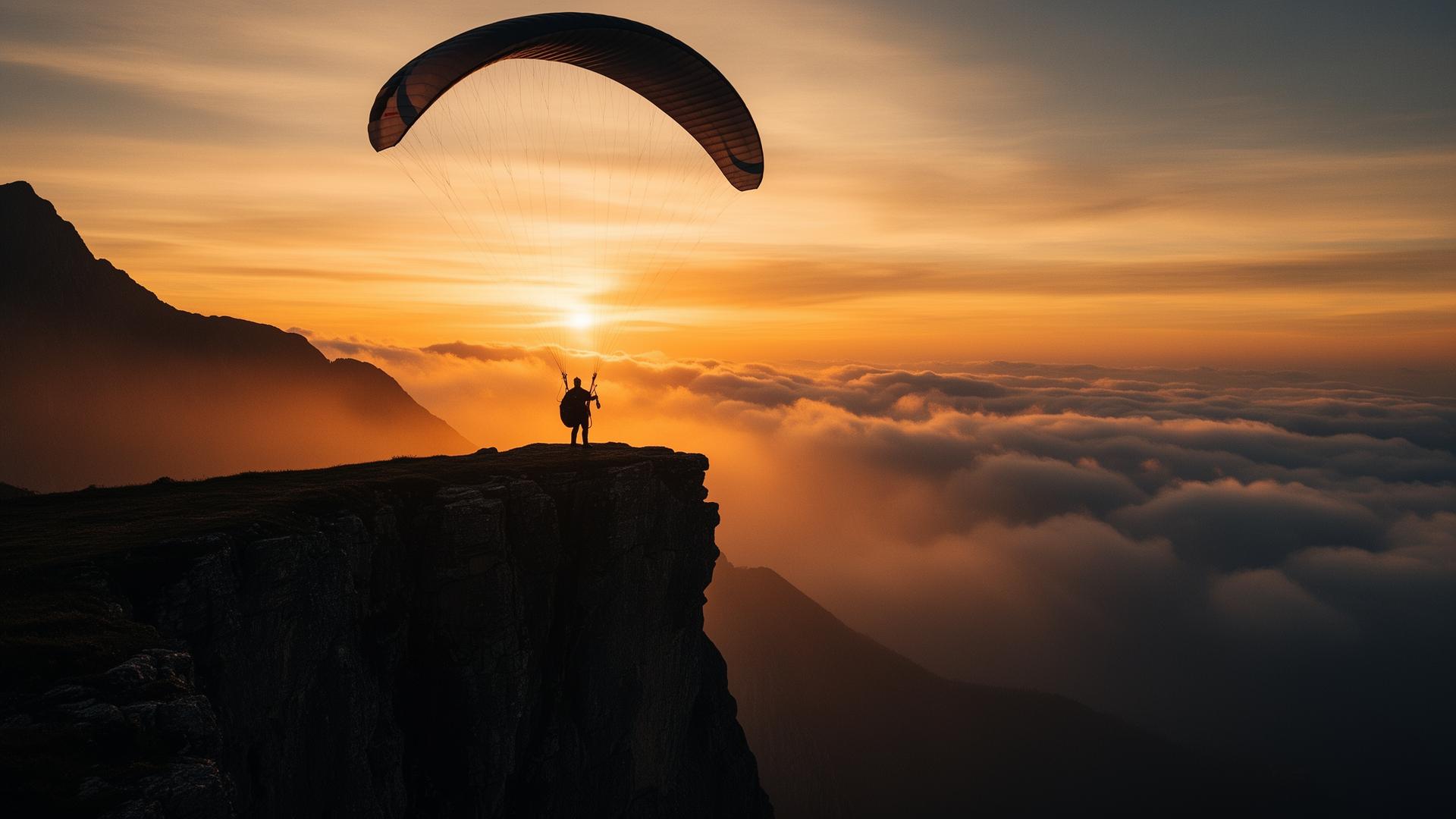 Piloto na borda da montanha ao nascer do sol